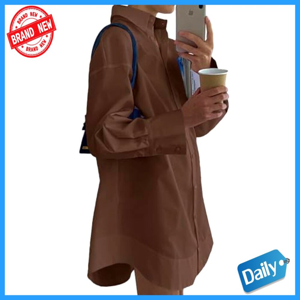 Casual Shirt Dress Collar V Neck Button Down Loose Long Sleeve Mini Dress - Picture 2 of 7